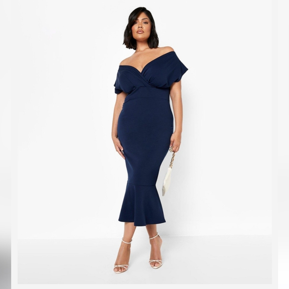 boohoo Scuba Off Shoulder Peplum Midaxi Dress Colour: Navy Sz: UK20 US16